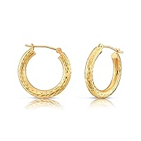 14K Yellow Gold Round Diamond-cut Chunky Hoop Earrings, 3mm Tube, Latch-Back