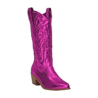 MissHeel Mid Calf Cowgirl Boots Embroidered Block Chunky Heel in Pink Silver