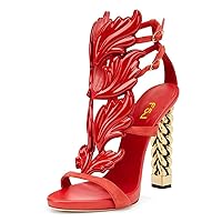 FSJ Women Gold Metal Chain Thick High Heel Sandals Open Toe Strappy Ankle Buckle Strap Slingback Ladies Comfy Summer Dress Shoes 4-15 US