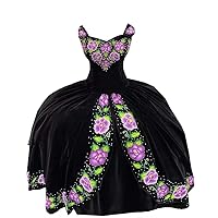 Romantic Lavender Embroidery Flowers Charro Quinceanera Prom Dresses 2024 Velvet Off Shoulder