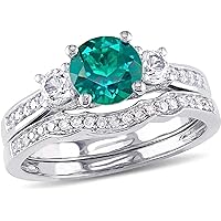 Thegoldencrafter 14k White Gold Plated 925 Sterling Silver 3 Ct Round Cut Created Blue Topaz Three Stone Engagement Ring Wedding Band Bridal Set