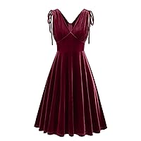 Womens Deep V Neck Velvet Cocktail Dress Lace-Up Ruched Sleeveless Vintage Swing Dress High Waist Party Prom Dresses