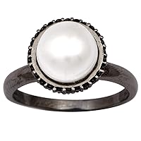 3 Ctw Fresh Water Pearl With 925 Sterling Silver Black Gold Overlay Vintage Ring