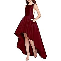 Women's 2019 High Low Satin Prom Dress Long Scoop Neck Formal Homecoming Gown with Pockets