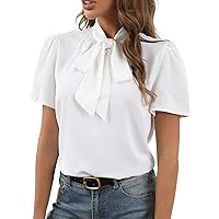 Rooscier Women's Bow Tie Knot Mock Neck Short Sleeve Elegant Workwear Blouse Shirt Top