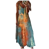 HTHLVMD Maxi Dress for Women Beach Vacation Formal Sexy V Neck Dresses Sleeveless Spaghetti Strap Loose Fit Shirt Long Dress