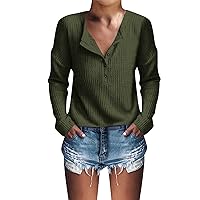 Women's Blouses Dressy Casual Fashion V-Neck Pullover Button Long Sleeve Solid Color Slim Top Shirts, S-2XL