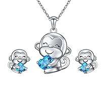 925 Stering Silver Cute Animal Heart CZ Monkey Stud Earring anf Pendant Necklace Set Birthday Gift for Women Girls Daughter