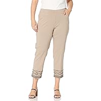 SLIM-SATION Women's Plus Size Pull on Embroidered Hem Ankle Pant with Real Front and Back Pockets