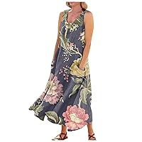 Womens Dresses Linen Maxi Dress Sleeveless Tank Dress U Neck Simple Beach Sundress with Pockets Women Clothing
