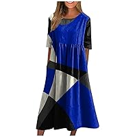 Women's Oversized Dress Half Sleeve O-Neck Colorblock Dress Casual Print High Waist Swing Dress Spring Dresses 2024