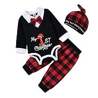 ACSUSS Baby Boys Casual School Uniform Outfits Xmas Gentleman Romper Top Plaid Long Pants with Hats Clothes Sets