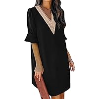 Cocktail Dresses for Women 2024 Solid Color Lace Patchwork Pretty Elegant with Bubble Sleeve V Neck Dress