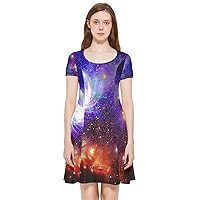 CowCow Womens Reversible Dress Starry Night Sky Moon Stars Space Constellations Planets Cap Sleeve Dress, XS-5XL