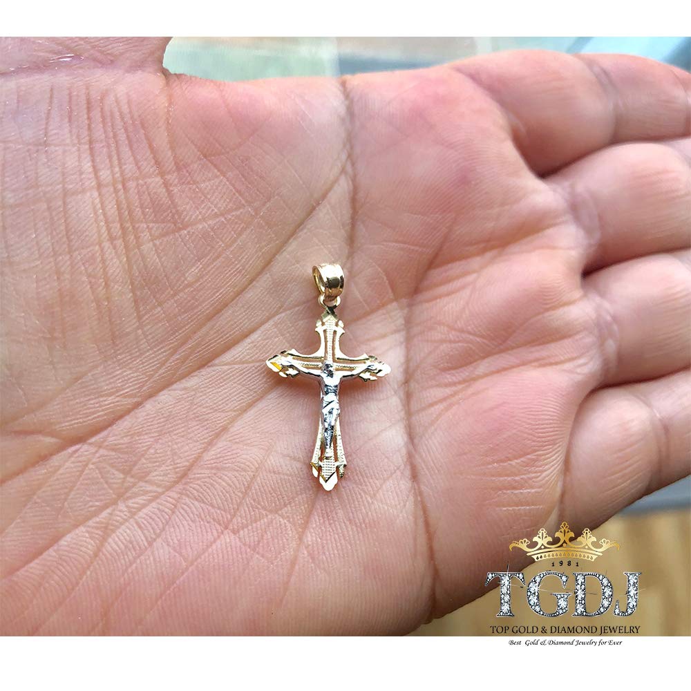 14K Real Gold Two Tone Linear Jesus Cross Pendant - 25x16 MM Crucifix Charm Necklace Pendant - Great Gift for Men & Women