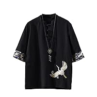 Chinese Style Button Linen T-Shirt Plus Summer Short-Sleeved Shirt Loose Embroidery Crane Japanese Kimono