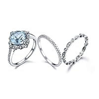 3pcs Wedding Ring Set,7mm Cushion Cut Blue Aquamarine Flower Halo 14k White Gold Diamond Stacking Band