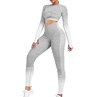 Workout Sets for Women 2 Piece Long Sleeve Yoga Outfits Seamless Ribbed Crop Top High Waist Legging
