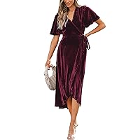 CUPSHE Women's Midi Dress Emerald V Neck Belted Short Sleeve Ribbed Knit Flowy Party Cocktail Dresses