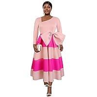 AOMEI Women's Pink Irregular V Neck Long Sleeve Bow A-Line Colorblock Dress