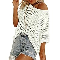 Womens Fashion Sweater Casual Off The Shoulder Short Sleeve Hollow Out Sweater Pullover Knit Tops