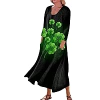Beach Dresses for Women Casual Plus Size St.Patrick's Day Print 3/4 Sleeve U Neck Party Dress with Pockets S-3XL