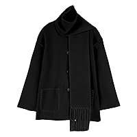Yimoon Womens Embroidered Scarf Jacket Oversized Button Down Wool Blend Coat Causal Winter Outwear with Tassel Scarf (Black-S)