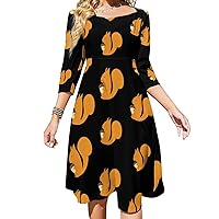 Acorns and Squirrels Midi Dresses for Women Tie Flared A-Line Swing 3/4 Sleeves Cute Sundress