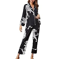 Brosloth Women's Silk Satin Pajamas Pjs Sets Cute Tiger Pattern Two Piece Loungewear Set Button Up Pajamas Sleepwear Black