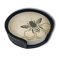 Vintage Bee Leather Drinks Coasters with Holder Set of 6, Suitable for Kinds of Cups