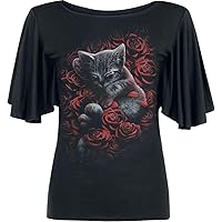 Spiral - Bed of Roses - Boat Neck Bat Sleeve Top Black