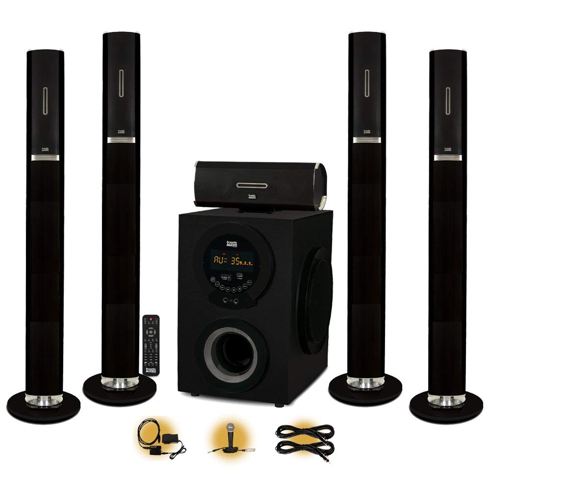 Acoustic Audio AAT3002 Tower 5.1 Bluetooth Speaker System with Optical Input Mic and 2 Extension Cables