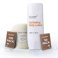 Hotel Amenities Toiletries Travel Size Round Cleaning Soaps 1.0oz/28g, Individually Wrapped 100 Bars per Box & Hotel Travel Size Guest Body Lotion 1.0 Fl Oz/30ml, Individually Wrapped 50 Bo