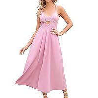 Women's Summer Dress Ladies Spaghetti Strap Dress Sleeveless V Neck Casual Maxi Dresses with Pockets(Pink,Medium)