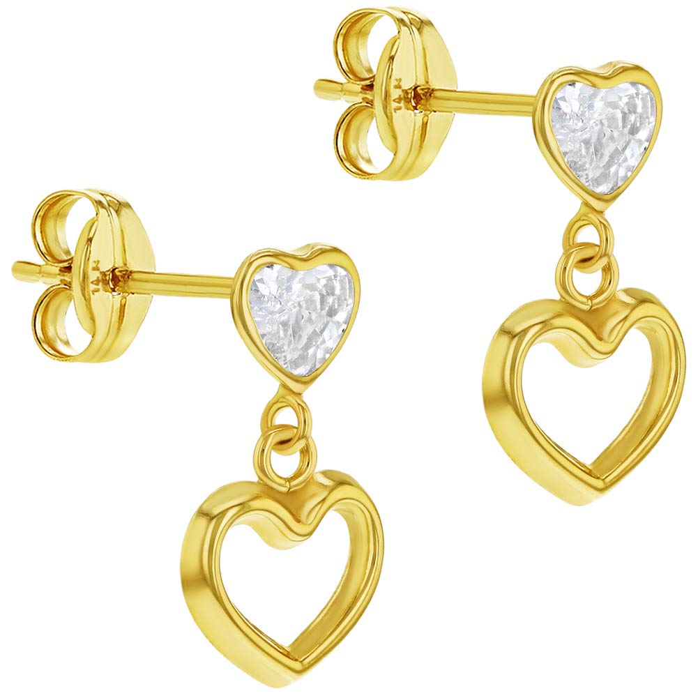 14k Yellow Gold Cubic Zirconia Sweet Heart Dangle Dangling Stud Earrings for Young Girls and Preteens - Lovely and Elegant 14k Gold Heart-Shaped Earrings for Girls - Gift for Birthdays or Holidays