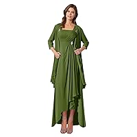 2 Pieces Tea Length Mother of The Bride Dresses for Wedding with Jacket 3/4 Sleeves Evening Formal Gown with Pockets
