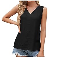 Women 2023 Basic Cotton Linen Casual V Neck Tank Tops Summer Loose Solid Color Sleeveless Tunic T-Shirts for Daily