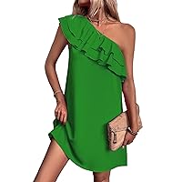 Floerns Women's One Shoulder Tiered Layered Sleeveless Ruffle Trim Tunic Dress