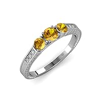 Citrine Milgrain Work 3 Stone Ring with Diamond on Side Bar 0.80 ct tw in 14K White Gold