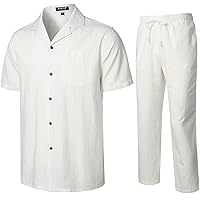Men's 2 Piece Linen Set Summer Cuban Collar Walking Suit for Beach Wedding Vacation