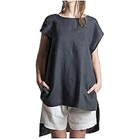 YZHM Plus Size Womens Linen Shirts Short Sleeve Casual Summer Tops Hide Belly Flowy Tunic Tops Loose Fit Fashion Tshirts