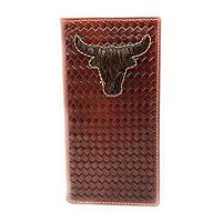 Premium Genuine Western Mens Embossed Basketweave Cowboy Long Wallet in Multi Emblem (Coffee Longhorn Cowhide)