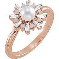 14k Rose Gold Polished Akoya Cultured White Pearl White Opal and 0.25 Carat Diamond Ring Size 7 Jewelry Gifts for Women