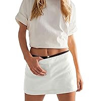 Women Summer Mini Skirt with Shorts Casual A-Line Cotton Linen Short Skirt Sexy Solid Elastic Low Waist Mini Skorts