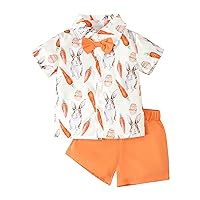 Toddler Boys Lapel Short Sleeve Bunny Print Shirt And Solidcolor Shorts With Loop Of A Necktie For New