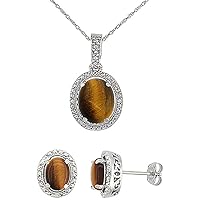 Silver City Jewelry 10K White Gold 0.1 cttw Diamond Natural Tiger Eye Oval 7x5mm Earrings & 10x8mm Pendant Set