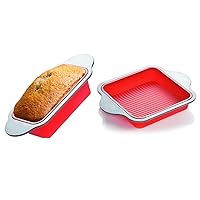 Boxiki Kitchen Silicone Baking Set: 9x5 Bread Loaf Pan & 8x8 Square Cake and Brownie Pan - Non-Stick, Easy Release with Steel Frame Handles.