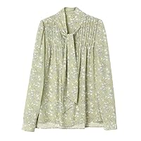 Spring Women's Streamer Print Flower Silk Shirt - Long Sleeve Pleated Mulberry Silk Blouse with Design Sense
