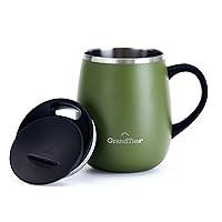 GRANDTIES Insulated Coffee Mug with Handle - Sliding Lid for Splash-Proof 16 oz Wine Glass Shape Thermos Tumbler with Double Walled Vacuum Stainless Steel to Keeps Beverages Hot or Cold - Olive Green
