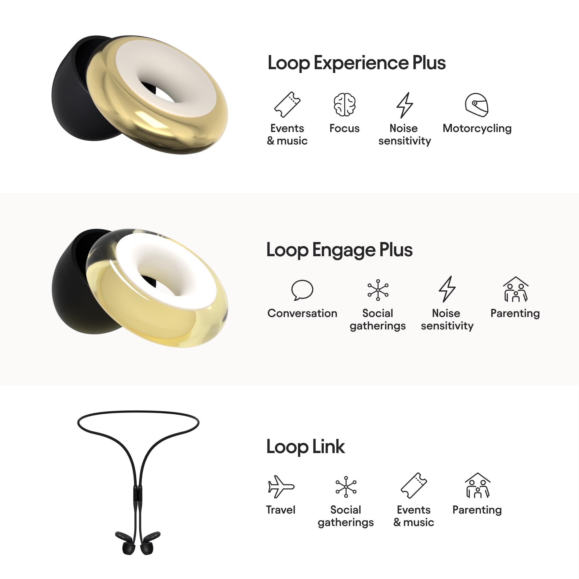 Loop Earplugs Social Plus Link Bundle (2-Pack) – Loop Experience Plus + Engage Plus + Link | Reusable Ear Plugs for Noise Sensitivity, Music, Events, Parenting & More | 16 dB/18 dB Noise Reduction